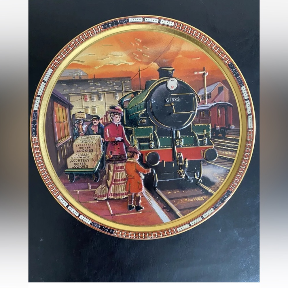 Jacobsen's Bakery Cookie Tin Vintage Train Station Design Railroad locomotive